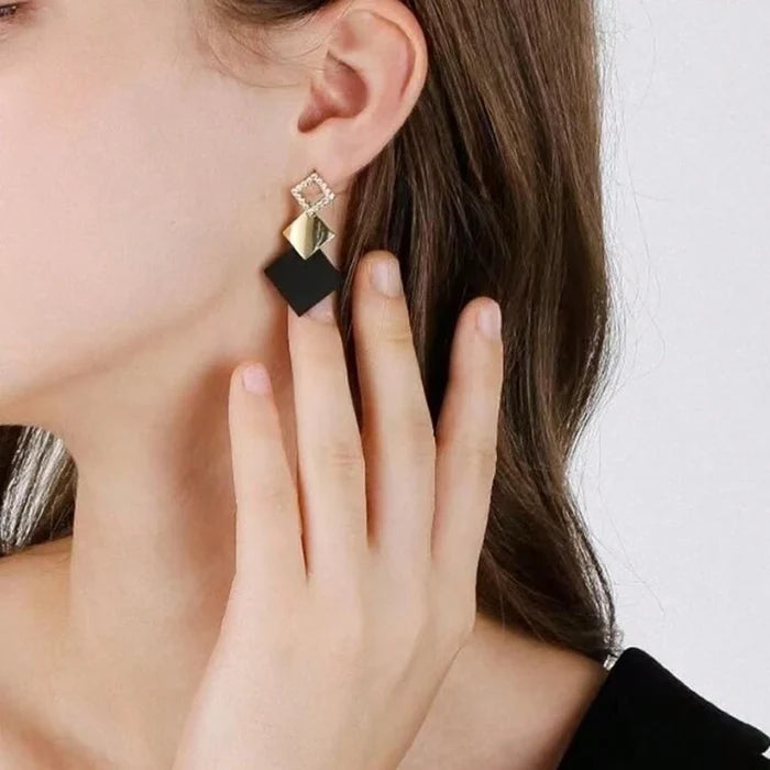 Geometric Black and Gold Drop Earrings for Women