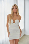 white ruched bodycon dress - sexy strapless notch neck mini dress - bachelorette party dress inspo
