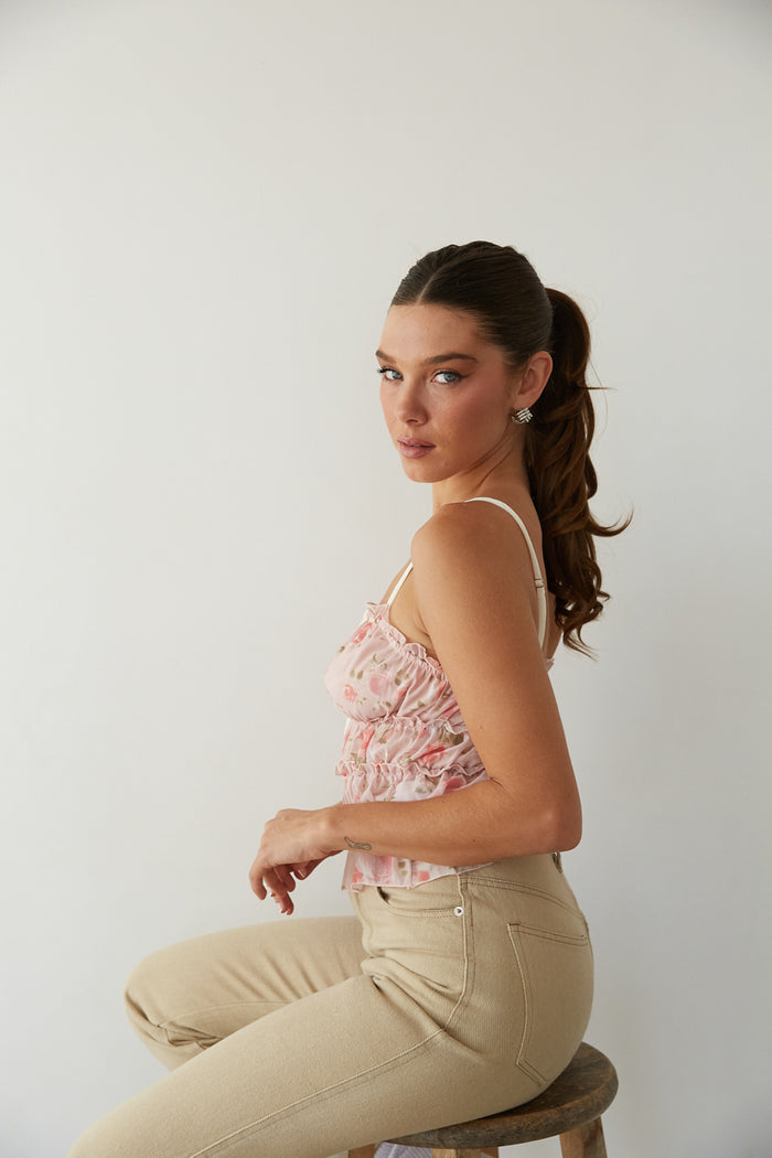 side image | pink floral chiffon smocked crop top | summer spring top 2027