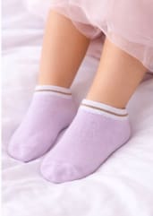 Girls Ankle Socks – Light Purple Short Socks with White and Brown Trim