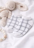 Girls Ankle Socks – White Short Socks with Grey Plaid Pattern