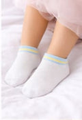 Girls Ankle Socks – White Short Socks with Sky Blue and Yellow Trim
