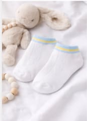 Girls Ankle Socks – White Short Socks with Sky Blue and Yellow Trim
