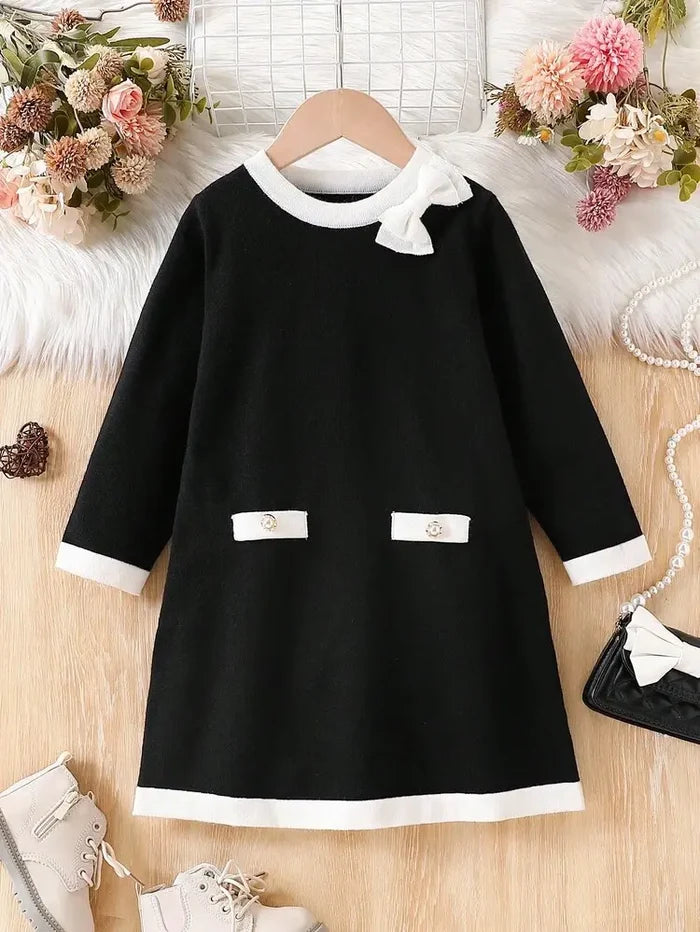 Girls Black Dress with White Trim and Bow Shein Instant â€“ Winter Kids Dress | Delicado