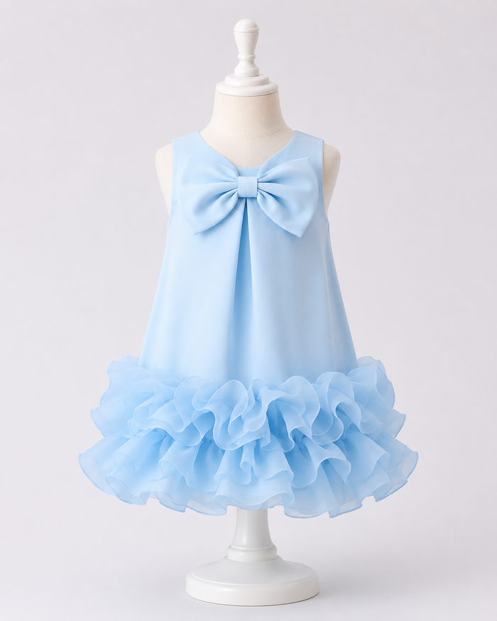 Girls Blue Bow Ruffle Hem Party Dress