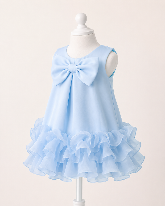 Girls Blue Bow Ruffle Hem Party Dress