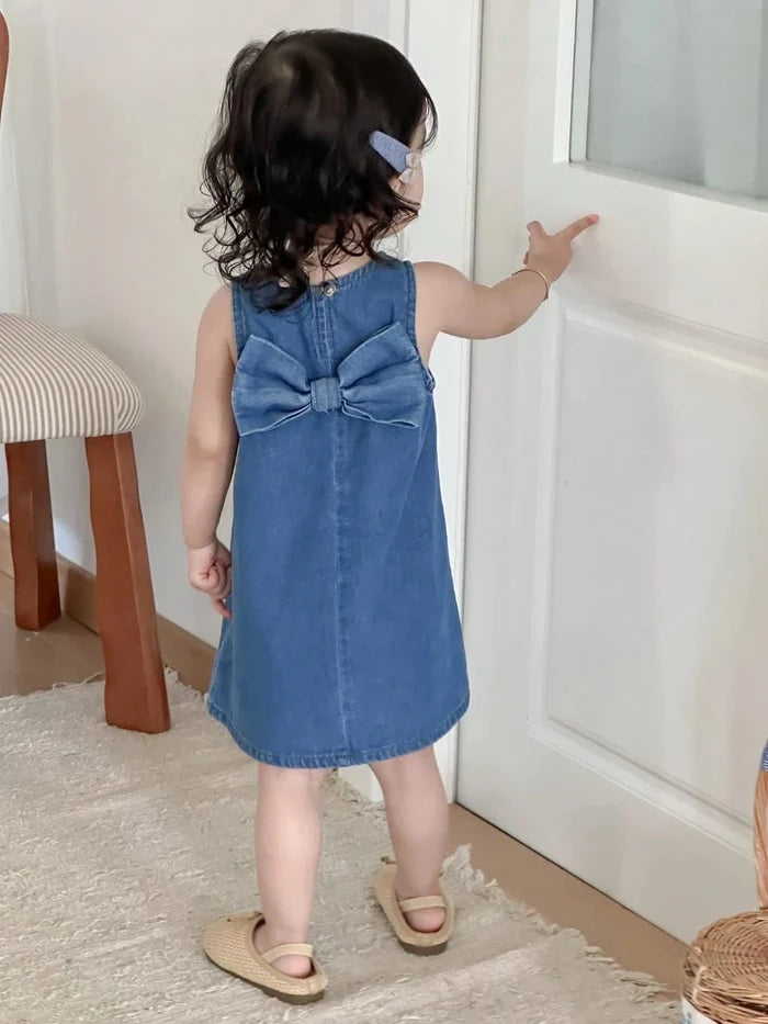 Girls Denim Dress with Back Bow â€“ Soft Casual Design