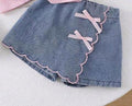 Girls Denim Skort with Pink Bows and Scalloped Trim