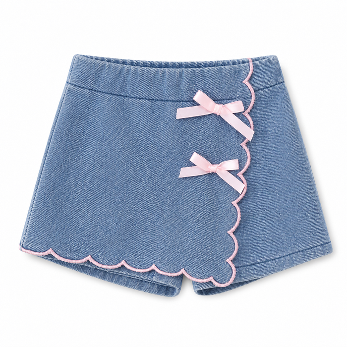 Girls Denim Skort with Pink Bows and Scalloped Trim