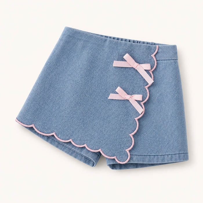 Girls Denim Skort with Pink Bows and Scalloped Trim