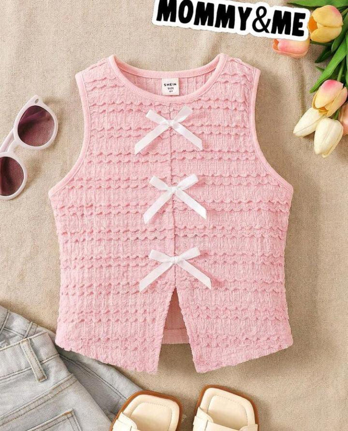 Girls Pink Textured Bow Front Sleeveless Top