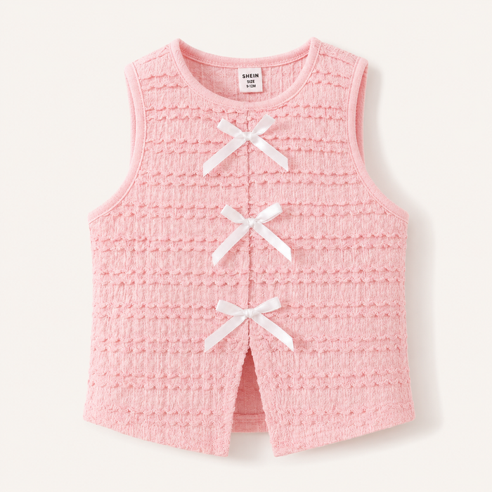 Girls Pink Textured Bow Front Sleeveless Top
