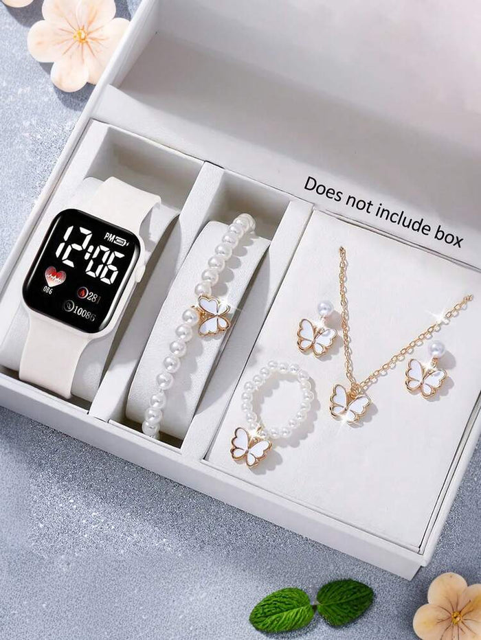 Girls Smart Watch & Butterfly Jewelry Set – Pink Kids Watch with Necklace, Bracelet, Ring & Earrings