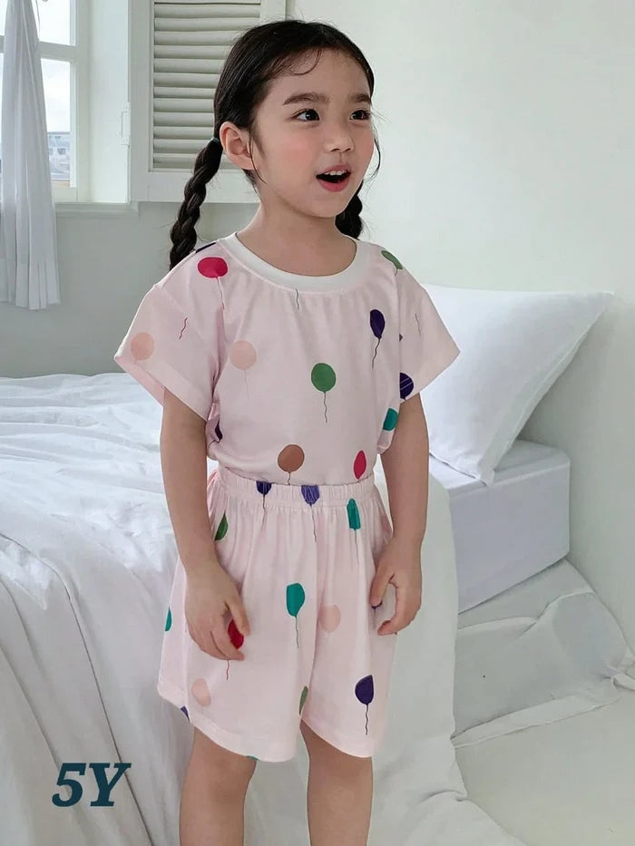 Girls Summer Top & Shorts Set â€“ Balloon Print â€“ Cute Casual Style