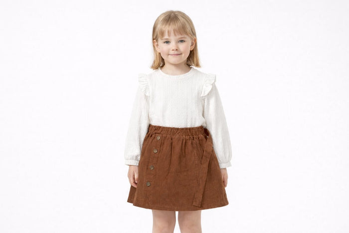 Girls Two-Piece Outfit – Textured Long Sleeve Top & Buttoned Corduroy Skirt
