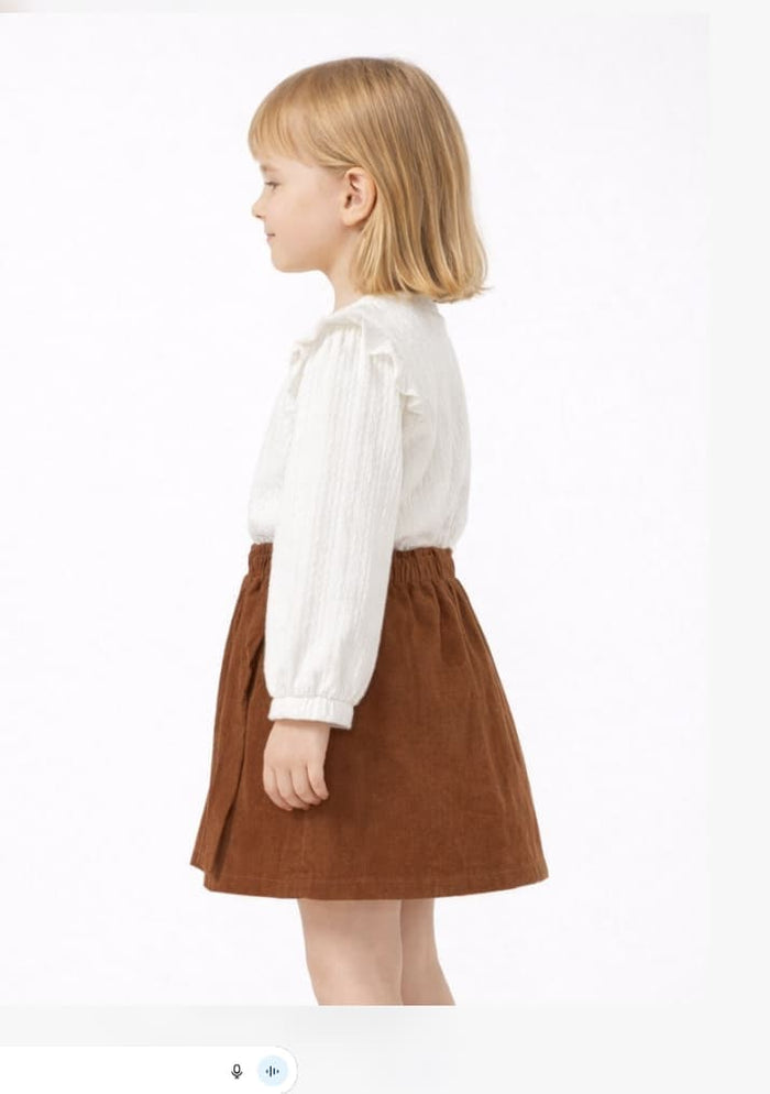 Girls Two-Piece Outfit – Textured Long Sleeve Top & Buttoned Corduroy Skirt
