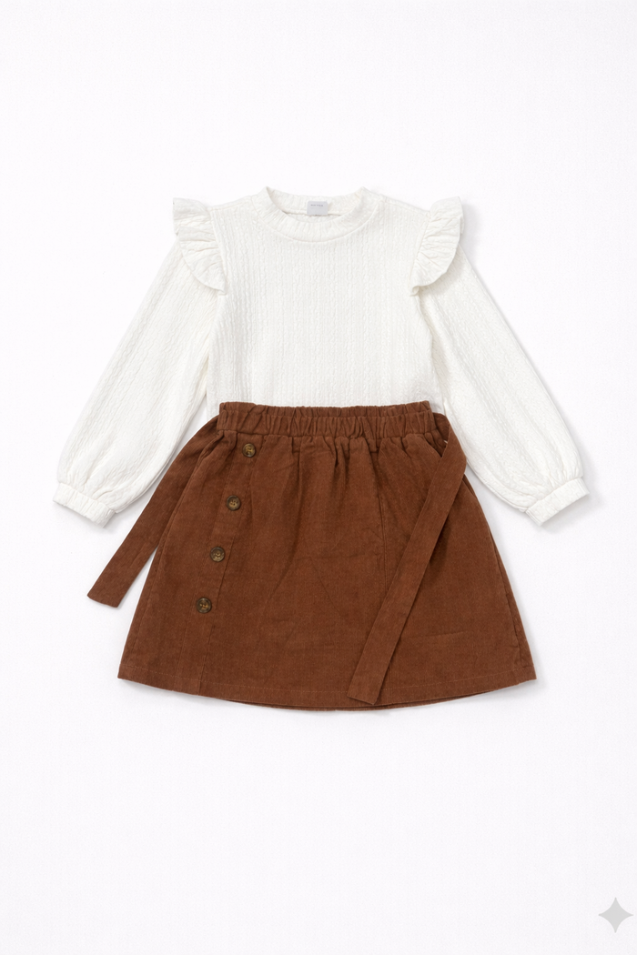 Girls Two-Piece Outfit – Textured Long Sleeve Top & Buttoned Corduroy Skirt