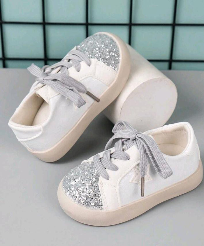 Girls White Glitter Toe Sneakers