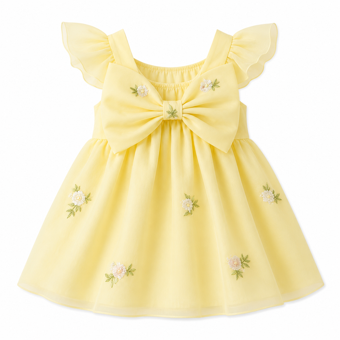 Girls Yellow Floral Bow Party Dress
