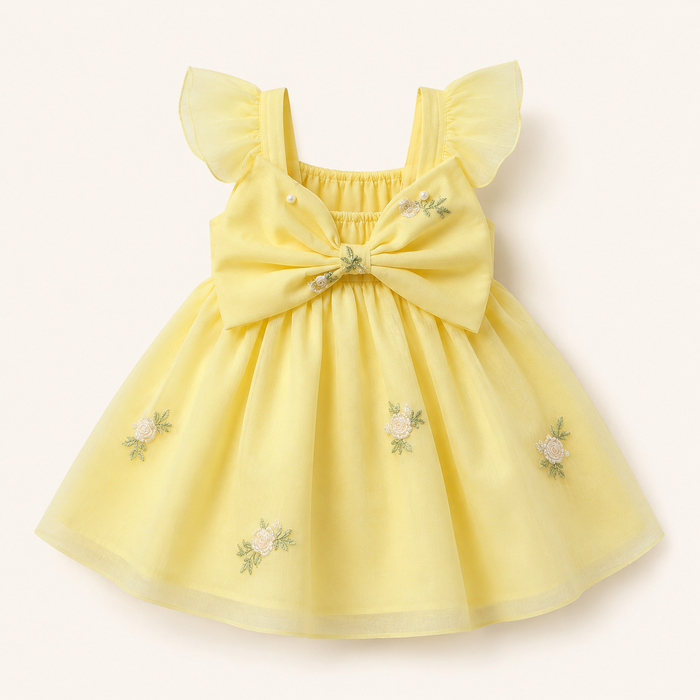 Girls Yellow Floral Bow Party Dress
