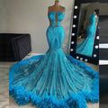Glitter Blue Sexy Sheer Top Sparkly Sequin Feathers Prom Dress