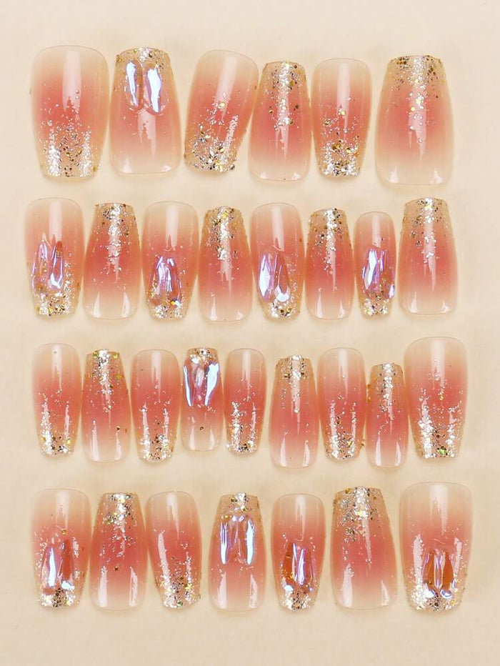 Glitter Gradient Press-On Nails – Nude Pink Sparkle Long Acrylic Style