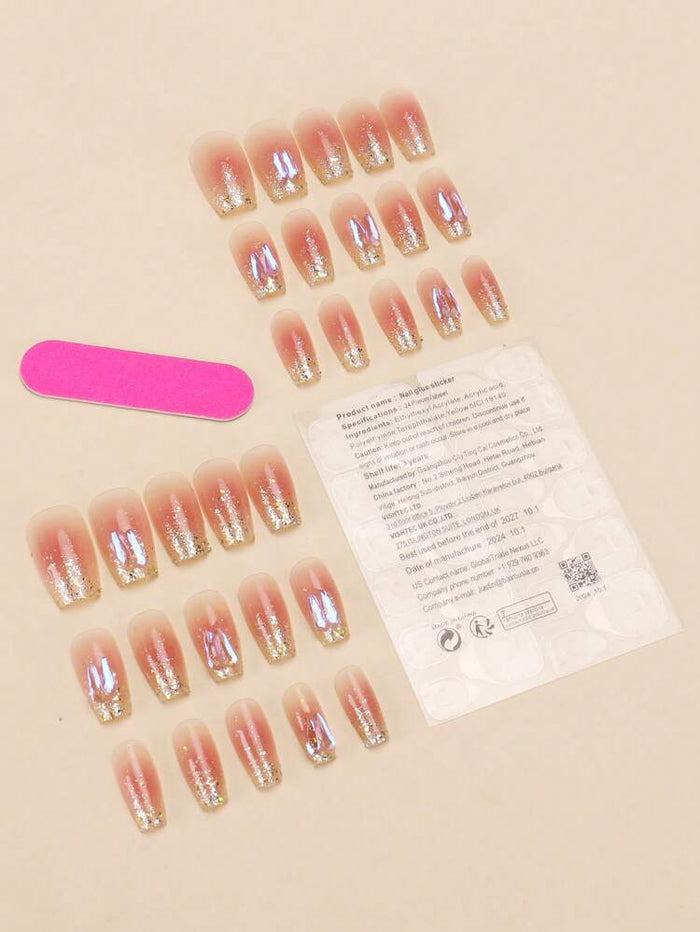 Glitter Gradient Press-On Nails – Nude Pink Sparkle Long Acrylic Style