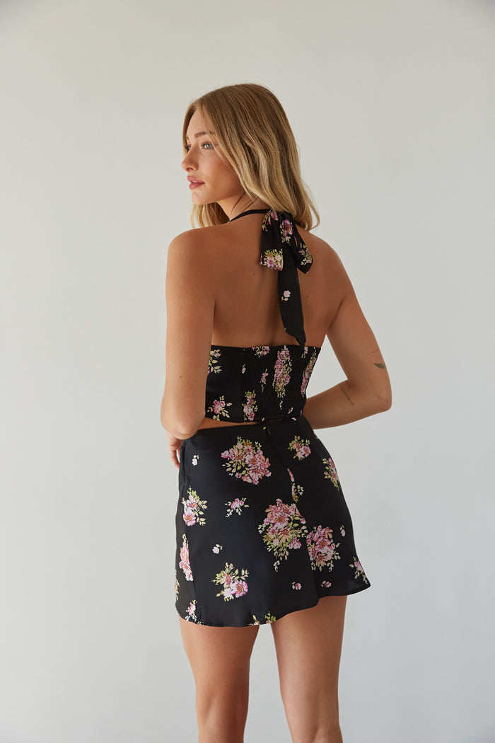 back view | black floral satin mini skirt | trendy matching sets summer