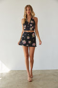 front view | black floral satin halter crop top | trendy matching sets summer