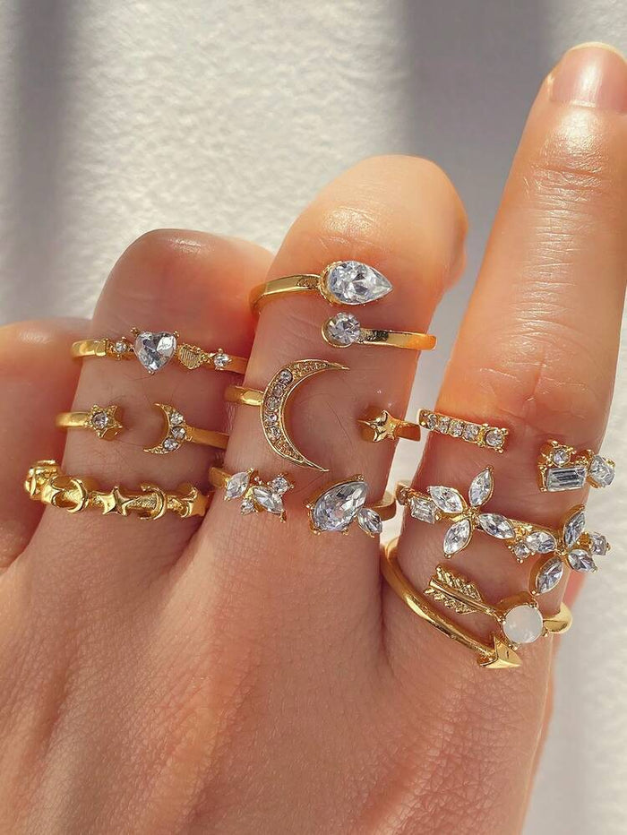 Gold Crystal Ring Set for Women – Moon Star Heart Adjustable Rings Set