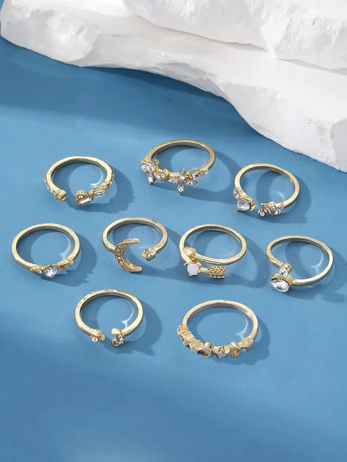 Gold Crystal Ring Set for Women – Moon Star Heart Adjustable Rings Set