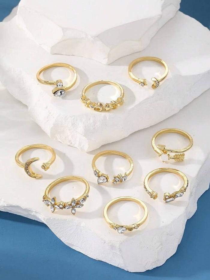 Gold Crystal Ring Set for Women – Moon Star Heart Adjustable Rings Set