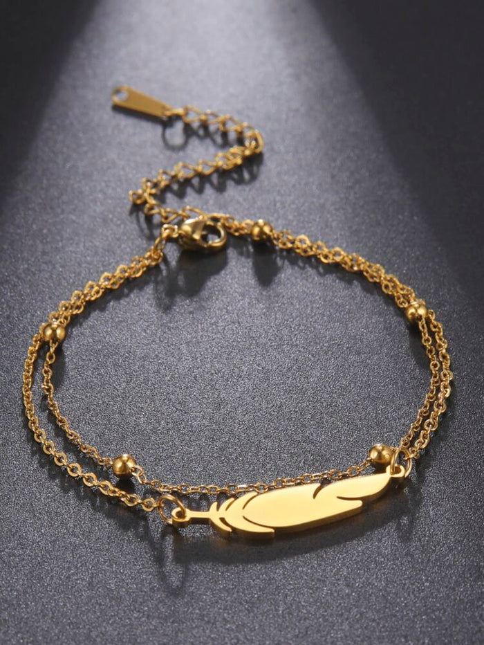 Gold Feather Double Layer Anklet – Minimalist Beaded Chain Ankle Bracelet for Women