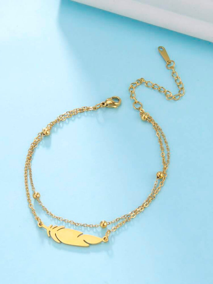Gold Feather Double Layer Anklet – Minimalist Beaded Chain Ankle Bracelet for Women