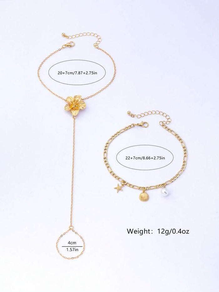 Gold Flower Barefoot Anklet – Beach Pearl Shell Foot Chain for Women