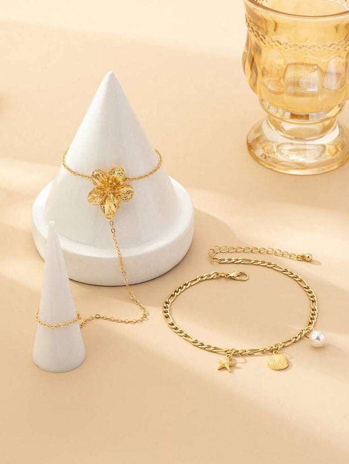 Gold Flower Barefoot Anklet – Beach Pearl Shell Foot Chain for Women