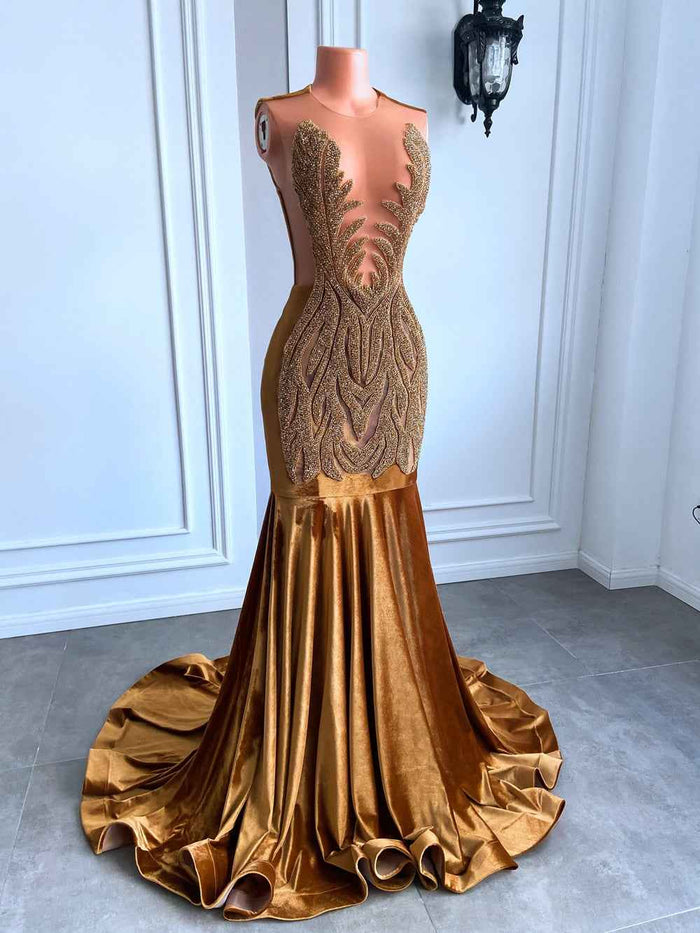 Gold Mermaid Prom Dress - Sheer Top Diamond Velvet Mermaid Gown