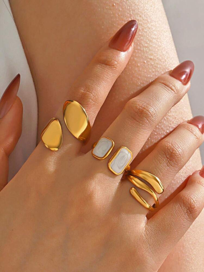 Gold Open Ring Set with White Marble Detail for Women – 3 Pieces