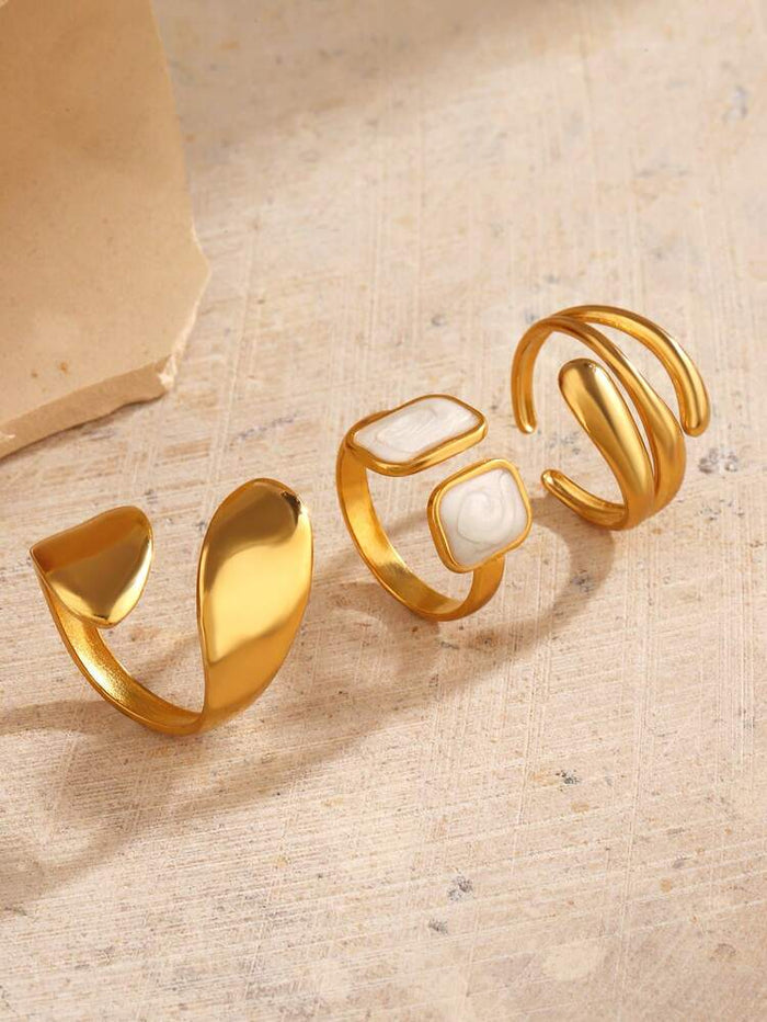 Gold Open Ring Set with White Marble Detail for Women – 3 Pieces