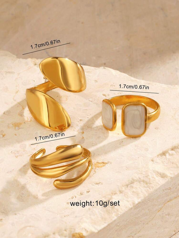 Gold Open Ring Set with White Marble Detail for Women – 3 Pieces