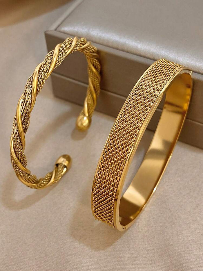 Gold Textured Cuff Bracelet Set for Women – 2 Pieces