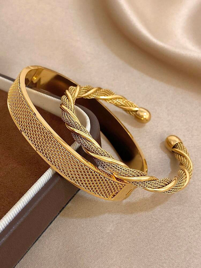 Gold Textured Cuff Bracelet Set for Women – 2 Pieces