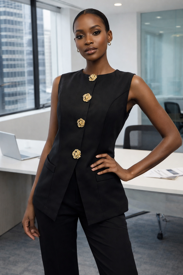 Golden Button Sleeveless Blazer Top