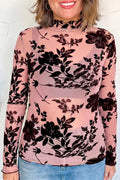 Gossamer Pink Retro Floral Print Mesh Long Sleeve Pullover Blouse – Light Pink