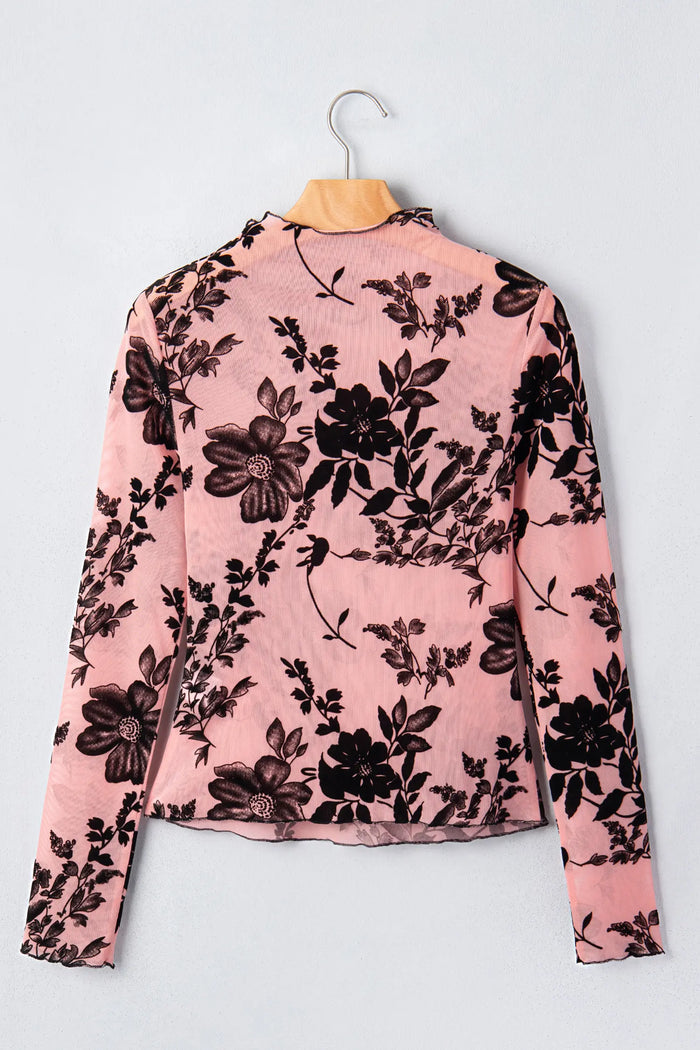 Gossamer Pink Retro Floral Print Mesh Long Sleeve Pullover Blouse – Light Pink