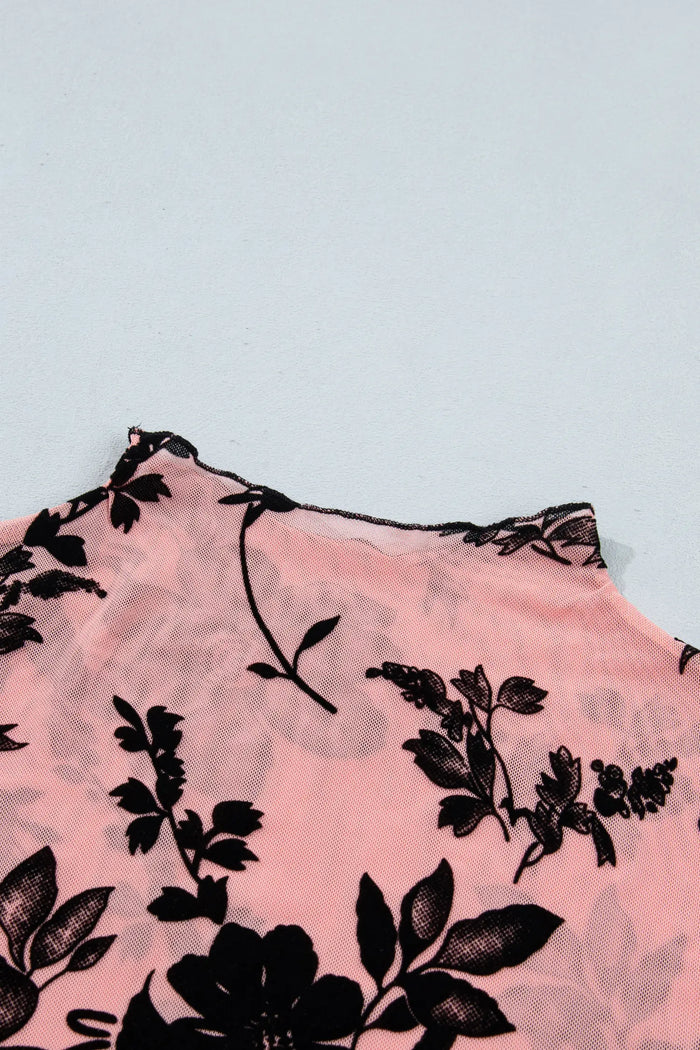 Gossamer Pink Retro Floral Print Mesh Long Sleeve Pullover Blouse – Light Pink