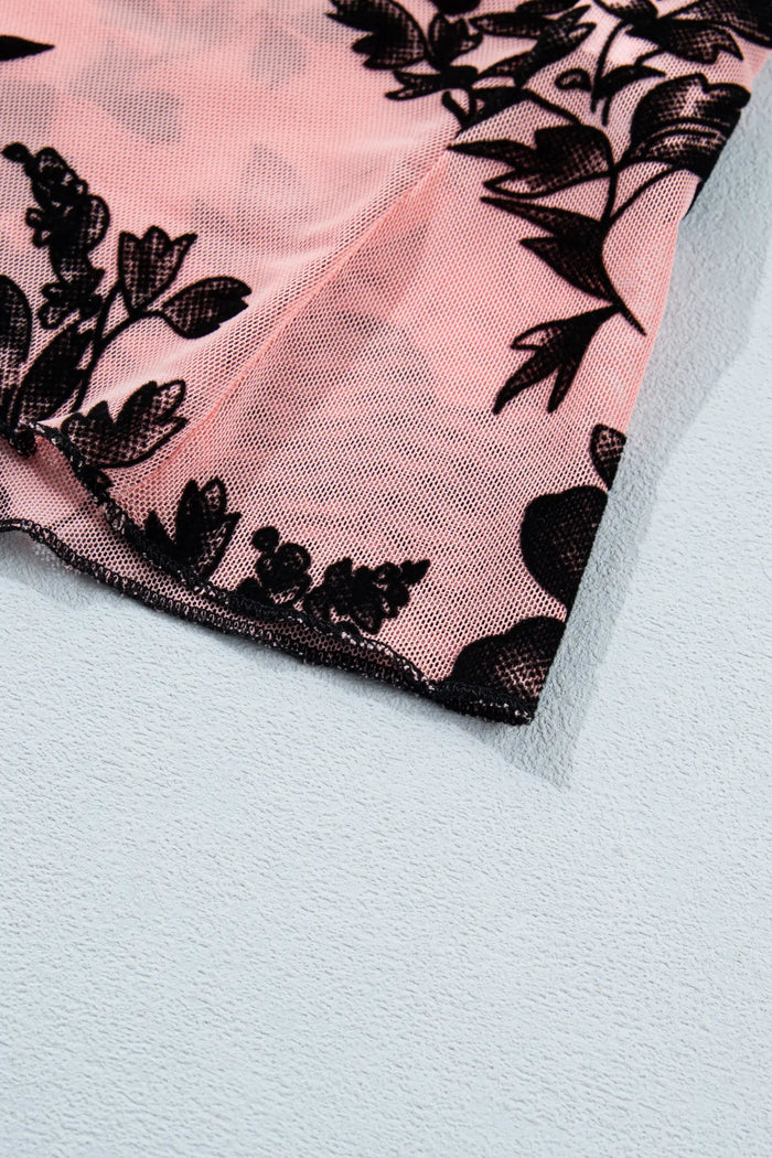 Gossamer Pink Retro Floral Print Mesh Long Sleeve Pullover Blouse – Light Pink
