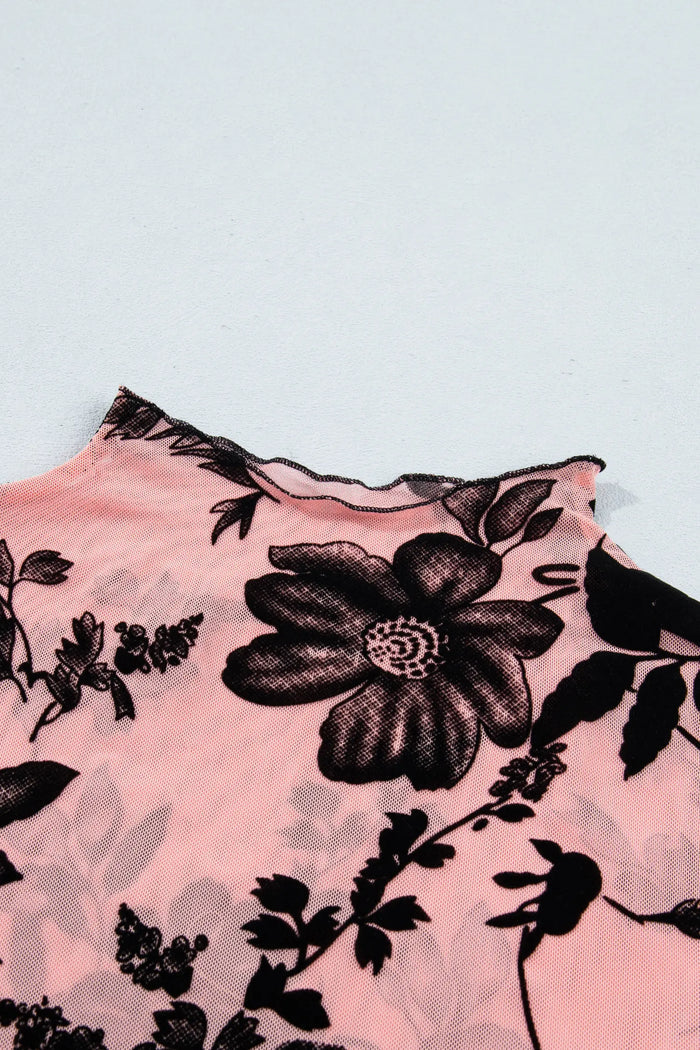 Gossamer Pink Retro Floral Print Mesh Long Sleeve Pullover Blouse – Light Pink