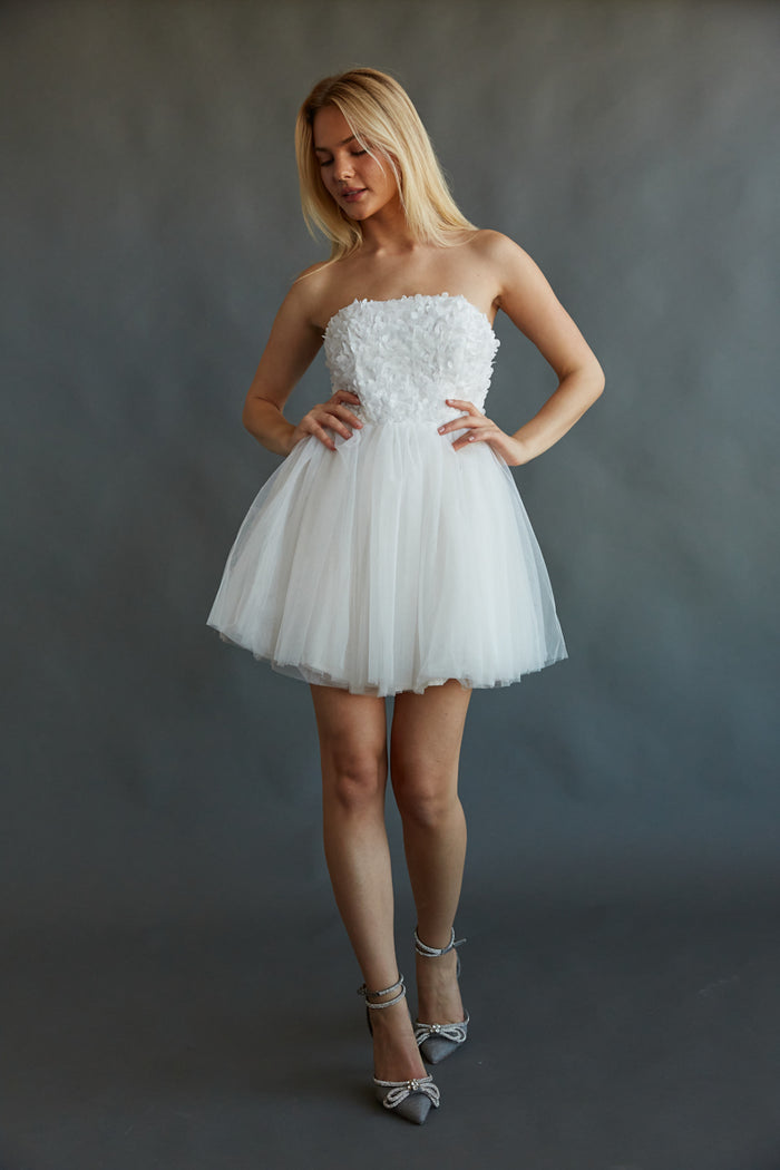 floral appluque fit and flare mini dress | white grad dress 2024