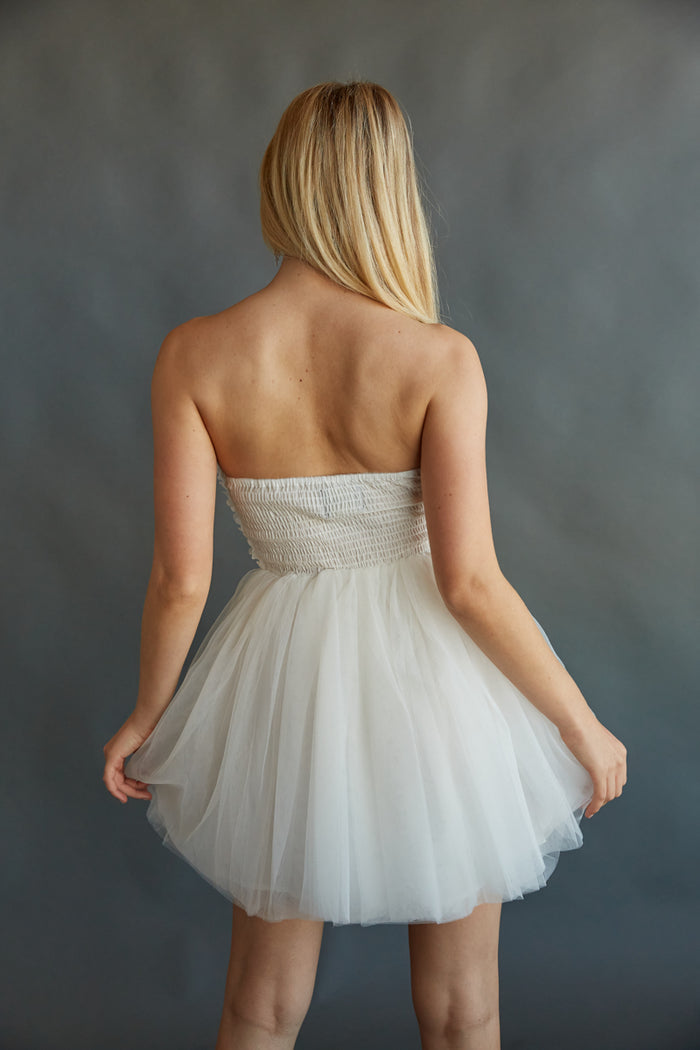 white strapless mini dress a line | rush dress boutique